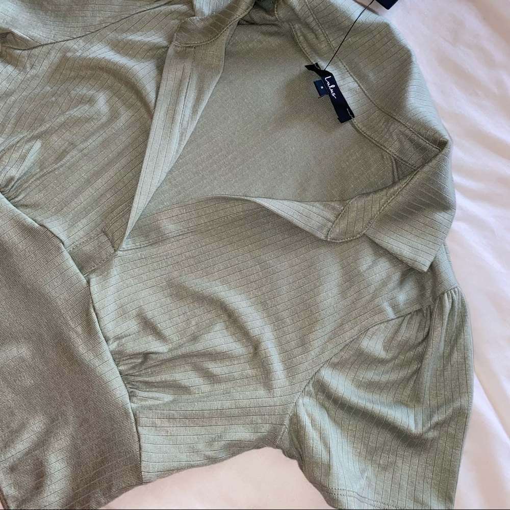 Lulu’s Sage Green Ribbed Collared Short Sleeve Crop Top - Picture 8 of 8